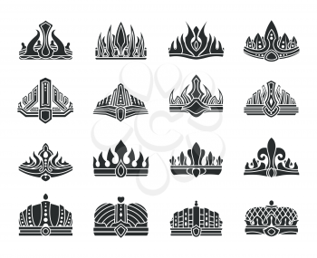 Royal crowns with unusual design monochrome set. Crowns with sharp top and in form of hat. Heraldic symbols of power isolated vector illustrations.