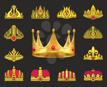 Shiny luxurious crowns of gold with gemstones set. Heraldic headdress for royal family. Gold crowns ornate with precious stones vector illustrations.