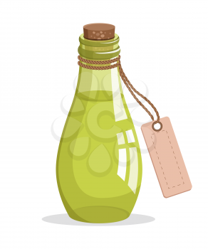 Bottle with cork and tag, aromatic oil in glass bottle with piece of paper, essence made of herbs, herbs and oil vector illustration isolated on white