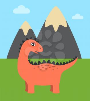 Dinosaur and wild nature, grass and high mountain with white top, sky with clouds, dinosaur of red color, deinosaur isolated on vector illustration