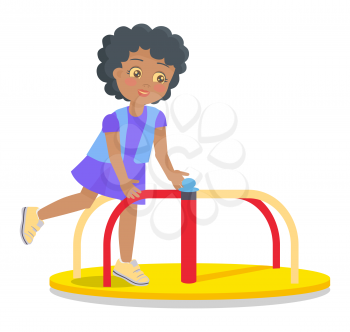 Girl rotate on carousel, colorful vector illustration of swinging merry-go-round carousel for children on playground isolated on white background.