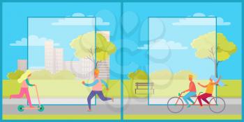 Set of two posters with people riding bike and kick scooter. Vector illustration with people doing sport in city park with frames for text in center