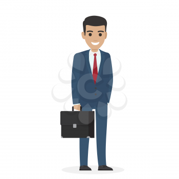 Smiling handsome manager or administering in blue business suit keeps black suitcase isolated on white vector illustration.