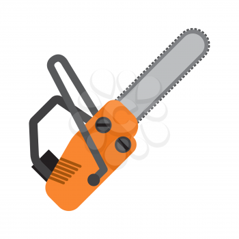 Orange chainsaw flat vector icon isolated on white background. Hand tool with engine for cutting woods and construction materials. Industrial instrument illustration