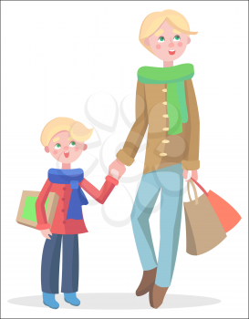 Family shopping cartoon concept isolated on white background. Young blonde man make purchases with child flat vector illustration. Father buying gifts on winter holiday sale with little son