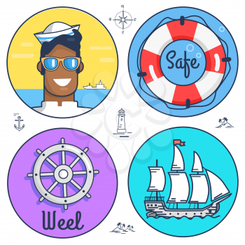 Poster dedicated to set of marine circle icons. Vector illustration of sailor, lifesaver, wheel and ship along with other smaller object