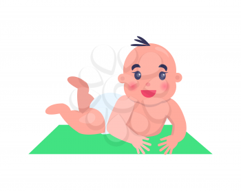 Little cute newborn baby with funny forelock adorably lies on small soft green rug isolated cartoon flat vector illustration on white background.