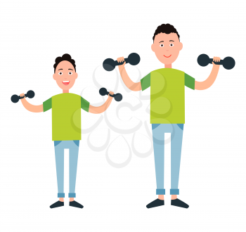 Father and son train with dumbbells vector illustration isolated on white. Dad and boy go in for sport together, sportive family, fatherhood concept