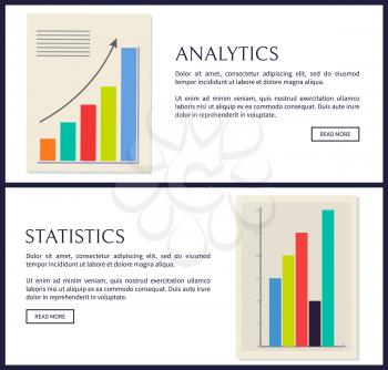 Statistics and analytics data, info graphics set, vector illustration with text sample and push buttons, data visualization in two colorful charts
