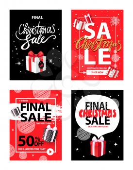Big Christmas holiday sale, winter discounts set vector. Reduction of goods cost, 50 percent lowering on presents and gifts with bows ribbon decoration