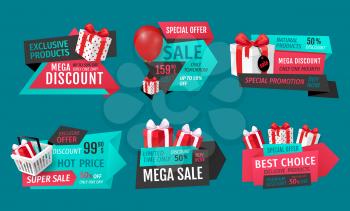 Mega discount, exclusive product on sale banners set vector. Presents in shopping basket, inflatable balloon bought on special shop offer proposition