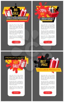 Present boxes in shopping basket, promotional sellout and clearance, price fall tags. Hot sale, big offer on exclusive products set vector web site templates.