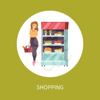 Shopping food woman with basket and meal vector. Customer looking at vegetables and fruits in refrigerator at supermarket. Carrot and apples bananas