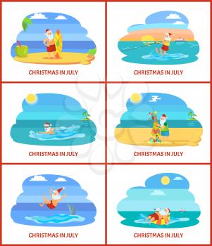 Christmas holiday in summer, Santa Claus on beach vector. Parents and gifts in form of celebration tree, surfing winter character by coast, cocktail