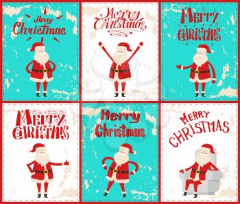 Merry Christmas Santa Claus having fun outdoors vector. Snowfall and happy winter character wearing traditional costume. Pine tree and snowman icons