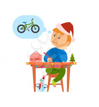 Christmas holidays preparation, letter to Santa Claus vector. Boy thinking of wish to make, kid writing mail dreaming of new bicycle. Child with pine