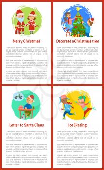 Merry Christmas winter holidays celebration people vector. Boy writing letter to Santa Claus, children skating on ice rink, father daughter with tree
