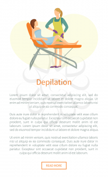 Depilation web poster woman lying on chair and cosmetician making wax or sugaring legs epilation. Procedure of removing unnecessary hair, perfect skin