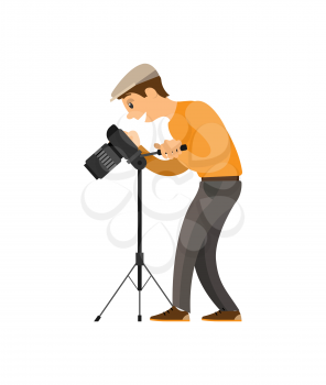 Photographer adjusting digital camera on tripod. Man setting device to take photo. Picture creating process cartoon vector illustration isolated.