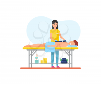 Massage using hot stones technique with heat methods. Masseuse and male client relaxing on table, isolated icon, treatment of patient lotions vector