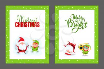 Happy Holidays and Merry Christmas Cards with Santa and Elf. Helper dwarf listening music on boombox and dancing break dance vector cartoon characters isolated