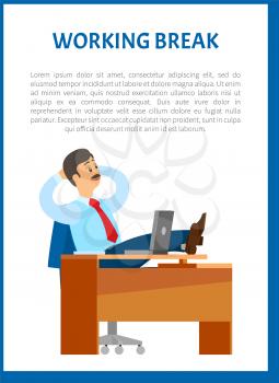 Working break, boss resting in office, put legs on table. Leader with mustaches in relaxed pose. Chief worker dreaming at workplace, poster with text sample