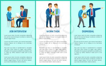 Job interview, work task and dismissal vector poster. Boss interviewing young woman on position of executive. Human resource manager and worker hiring