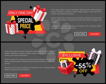 Special shopping offer landing page design, push buttons. Exclusive products sellout 55 off price vector web site templates. Vector promo advertisements