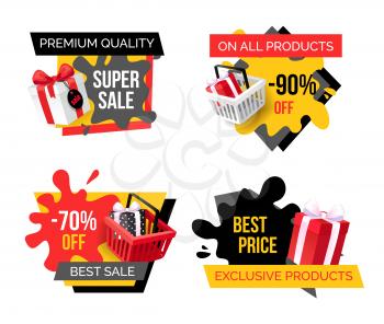 Special promotion on exclusive products sellout banners set. Presents boxes bought on sellout, purchase of goods on sale. Wholesale and retail offers