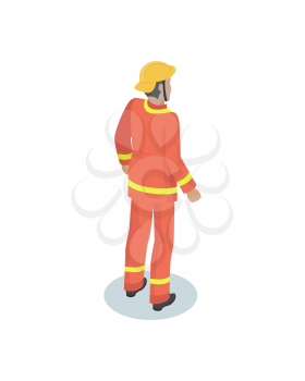 Fireman in uniform, working concept vector icon. Standing man from back, in crash helmet and flameproof jacket and trousers, cartoon style emblem