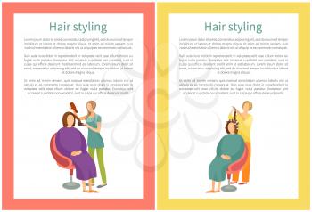 Hair styling procedure in spa salon. Woman hairdresser using dryer making client haircut. Hairstyle changes and new style of lady sitting in chair poster
