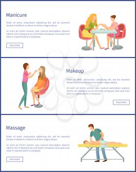 Manicure and makeup visage service posters set with text sample vector. Body wrap and manicurist talking to client woman and polishing nails carefully