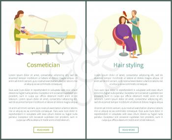 Cosmetician facial cosmetic procedures and hair styling salon vector web posters. Woman cosmetologist taking care about skin, hairdresser with dryer