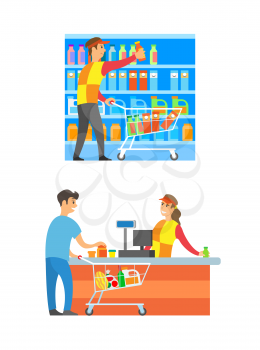 Supermarket cashier and merchandiser set vector. Counter and client buying food and grocery products. Male arranging bottles milk and juice packages