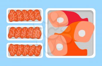 Meat steaks and chicken, lamb or pig legs in plastic tray, retail market. Butchery food in package vector icons in flat style, fresh organic products