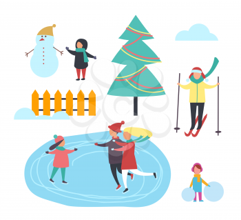 Winter season kid with snowman, people having fun set vector. Person skiing and family skating on ice, child with balls of snow. Pine evergreen tree