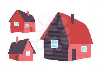Houses made of wood, homes isolated icons set vector. Building with chimneys, windows and entrance doors. Roofs and walls 3d construction for living