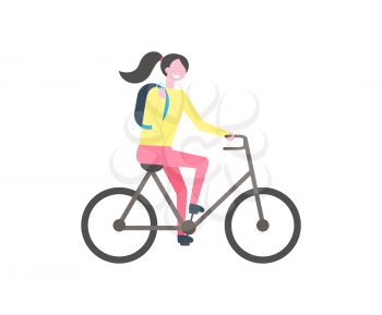 Student with backpack riding on bike, vector isolated cartoon character. Smiling college pupil on bicycle, woman with pony tail in flat style, person learner