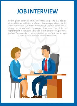 Job interview vector poster. Boss interviewing young woman on a position of executive manager. Human resource manager and worker hiring on new work