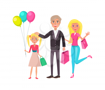 Family of three blonde mother with shopping bags, father with package and girl with balloons isolated. Cartoon parents and daughter going on birthday