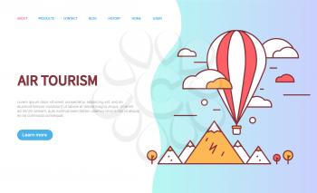 Air tourism web page decorated by flat air-balloon, mountain and clouds. Website with icons of journey, nature and sky transport, design of screen vector. Template landing page in flat