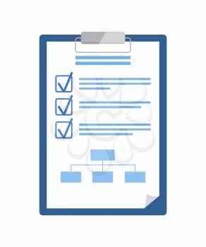 Notepad with checklist and scheme, business plan vector. Check marks and table, pad with project and completed tasks or startup goals isolated icon
