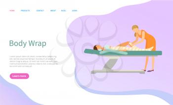 Body wrap vector, beauty procedure and skin treatment. Cream or lotion, woman professional care, table and salon master with wrapping stripes, rejuvenation. Website or webpage, landing page in flat