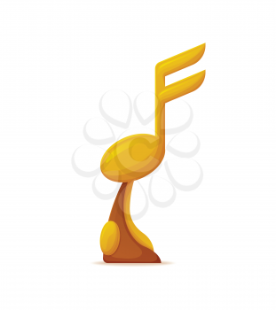 Golden award of winner, sound vertical glossy prize. Music key and note trophy on white, symbol of melody event and victory cup, song and nominated vector