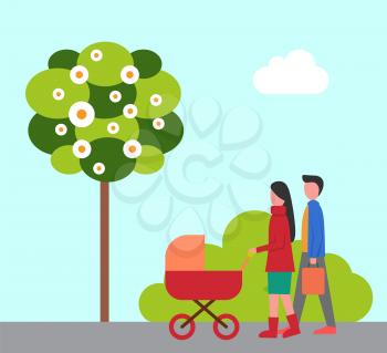 Man and woman walking with pram, young parents. Flat view of green park, tree and bush, cloudy sky. Mother and father going outdoor with buggy vector