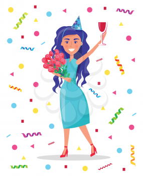 Woman celebrating birthday at party vector. Person with alcoholic drink in hands, flying confetti and funny mood. Celebration of anniversary partying