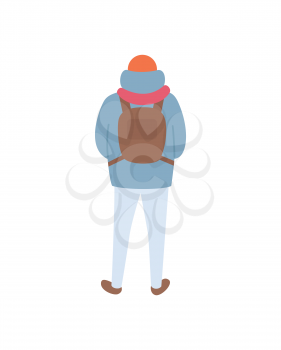 Person standing back, dressed hat and down-jacket with hoot and scarf, backpack on back, trousers and boots. Card with human in full length vector isolated