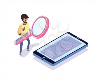 Man looking at chart in phone, standing person holding magnifier, growth on screen. Human holding big loupe, grey colorful screen with chart vector