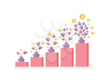 Coins growing on plant in pot, money or profit growth vector. Chart and profit increase, business development and wealth isolated graphic, gold coins
