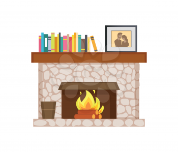 Fireplace with shelf and books, framed photo interior vector. Publications and bucket for ashes, burning logs, wooden material, picture of couple family
